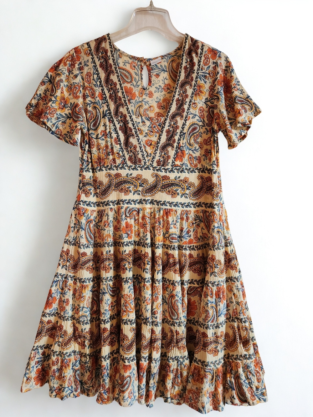 Boho Chic Bohemian Paisley Floral Toluca Border Print V-Neck Tiered Swing Dress